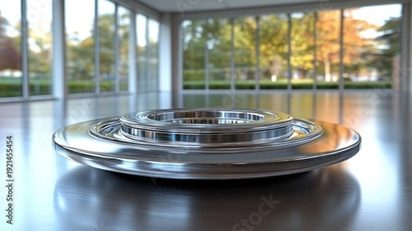 Obraz Sleek, chrome circular platform in spacious room