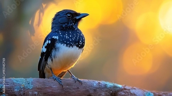 Obraz Small bird perched, sunset glow