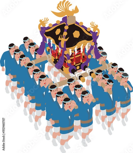 Obraz 日本の伝統行事祭り。神輿を担ぐ男性たちのイラスト