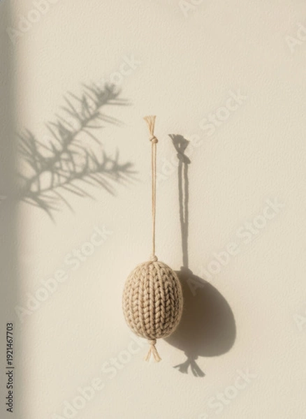 Obraz Handmade boho crochet easter egg hanging on beige wall with shadow.
