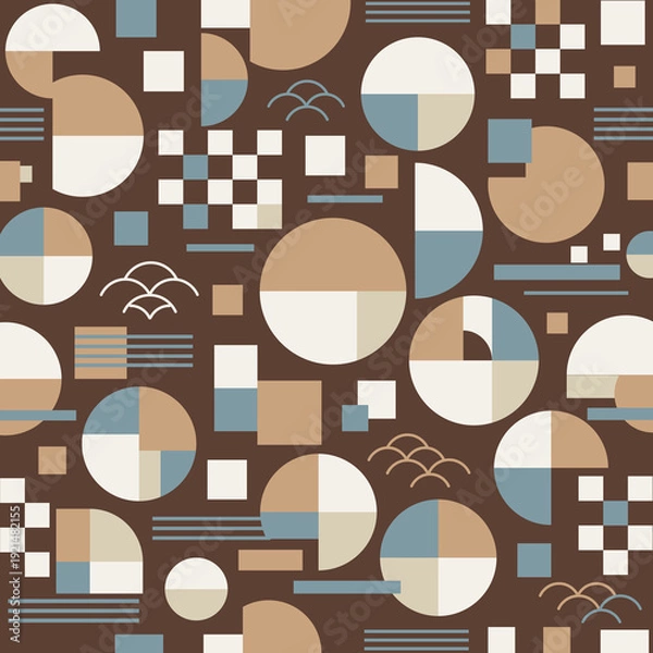Fototapeta くすみカラーの和モダン幾何学シームレスパターン背景（チョコレートブラウン）：チョコレートブラウンを基調に、くすみブルーやベージュを組み合わせた和モダン幾何学のシームレスパターン。円・格子・半円をリズミカルに配置した北欧テイストの抽象背景。食品パッケージ、焼き菓子包装、ポスター、ノート表紙、デザインペーパーに最適。
