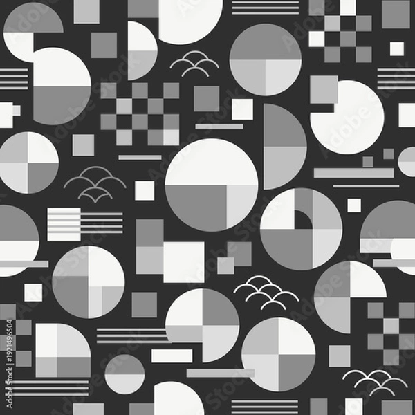 Fototapeta くすみカラーの和モダン幾何学シームレスパターン背景（モノトーン）：円・半円・格子・ラインを組み合わせた和モダンテイストの幾何学シームレスパターン。落ち着いたモノトーン配色で北欧インテリアやポスター、ノート表紙、デザインペーパーなど幅広く活用可能。男女問わず使いやすい、シンプルで洗練された抽象背景素材。