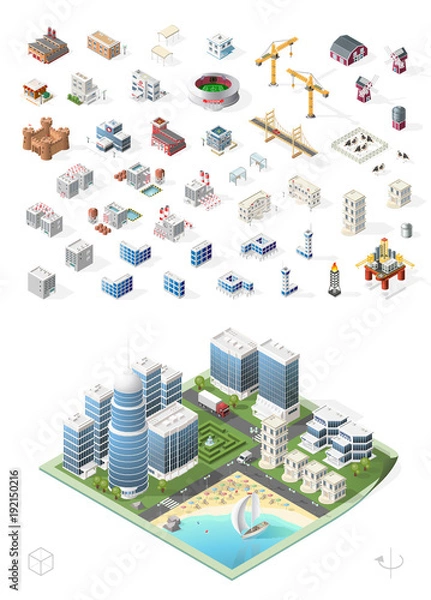 Fototapeta Build Your Own Isometric City . Isolated High Quality Vector Elements on White Background