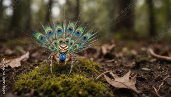 Obraz Peacock Spider Displaying Feathers in Forest.