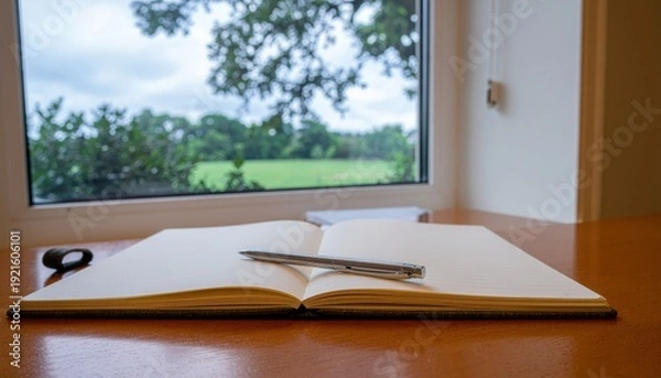 Obraz Open Notebook and Pen by Window with Soft Leaf Shadows