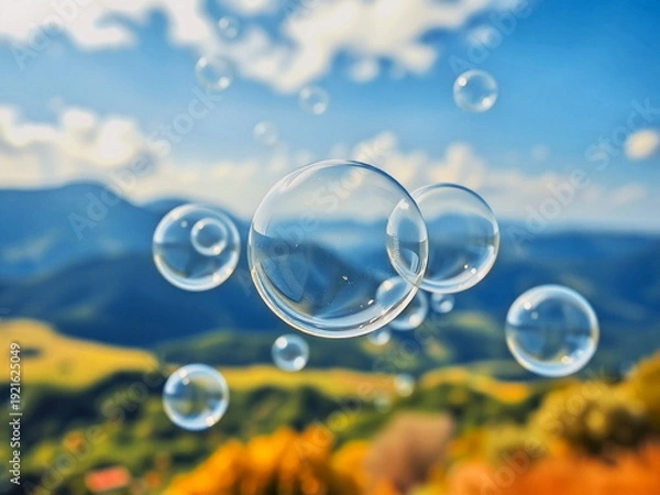 Obraz 美しい景色に映えるシャボン玉