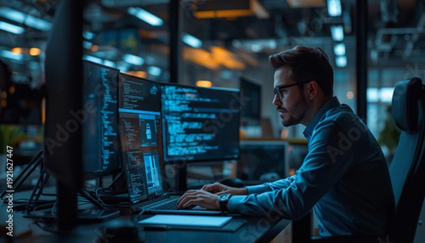 Obraz A focused software developer working on code in a modern office with multiple monitors