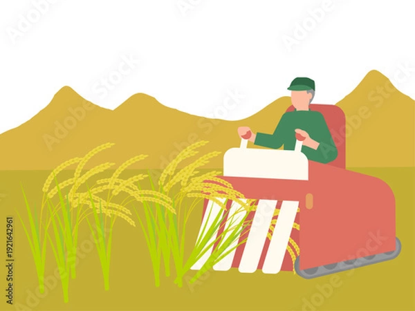 Obraz コンバインで稲を収穫する農業に従事するシニア男性のイラスト