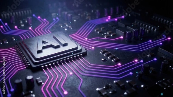 Obraz Artificial Intelligence Microchip with Glowing Data Traces