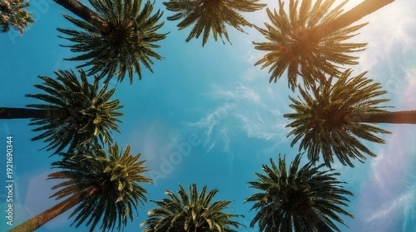 Obraz Sunlit palm trees from below perspective