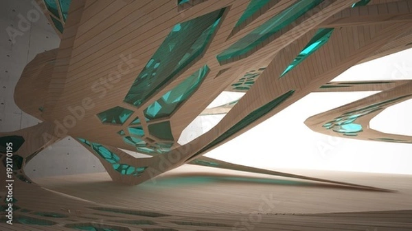 Fototapeta Abstract  concrete and wood parametric interior  with window. 3D illustration and rendering.
