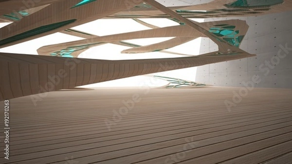 Obraz Abstract  concrete and wood parametric interior  with window. 3D illustration and rendering.