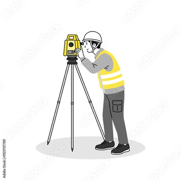 Obraz トータルステーションで測量を行う測量士の全身イラスト 作業着とヘルメット着用の土地調査シーン
