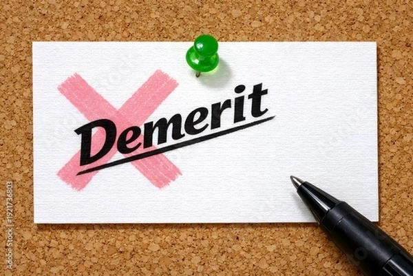 Obraz コルクボードにピン留めされたメモ用紙に書かれたデメリットの文字と赤いバツ印とペン