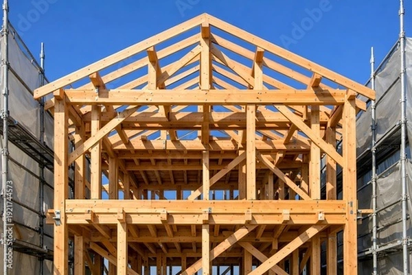 Obraz 青空の下で建設が進む日本の伝統的な木造軸組工法の住宅の骨組みと足場がある建築現場