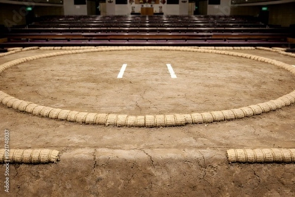 Obraz 日本の伝統格闘技である相撲が行われる土俵と誰もいない静かな観客席の風景写真