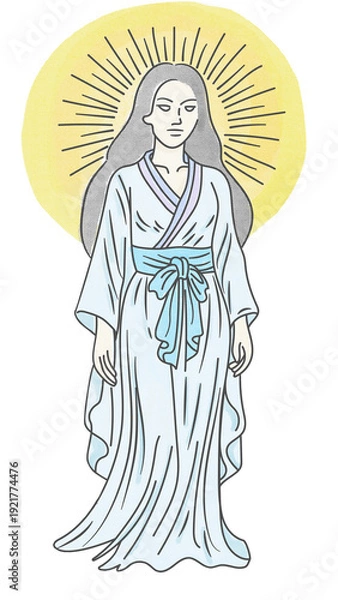 Obraz 日本神話の太陽神 天照大御神（アマテラス）の全身イラスト 後光が差す神々しい姿