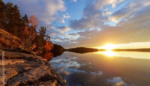 Obraz Autumn Lake Sunset with Dramatic Reflections