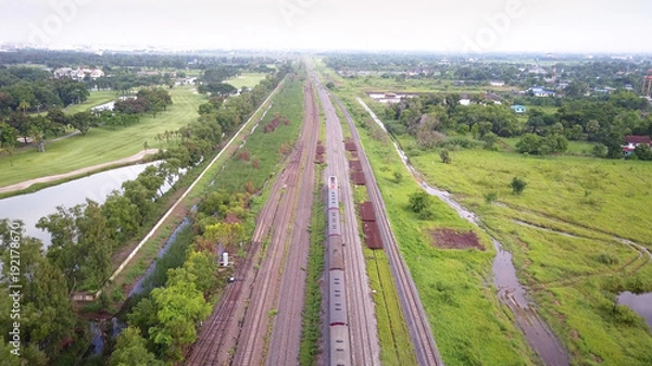 Obraz Aerial view of the train on the rail track.
