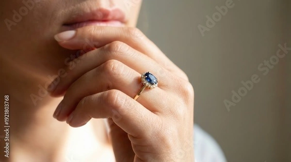 Obraz Hand near lips showcasing blue gemstone ring