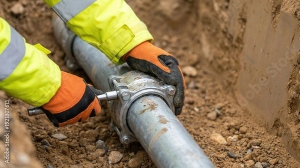 Obraz Utility pipe maintenance with coupling and bolts