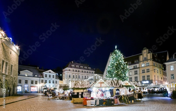Obraz Town square view with Christmas market
