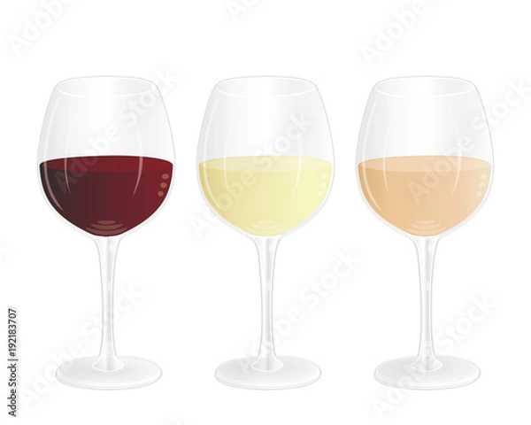 Fototapeta Three transparent crystal wine glasses filled with red, white and rosé wine. Vector illustration.