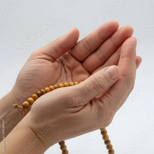 Obraz Holding Buddhist Prayer Beads Isolate On White