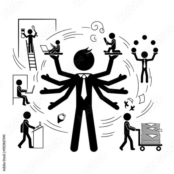 Obraz Busy Businessman Managing Multiple Tasks Simultaneously.