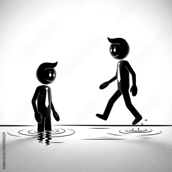 Obraz Cartoon Characters Walking on Water Surface.