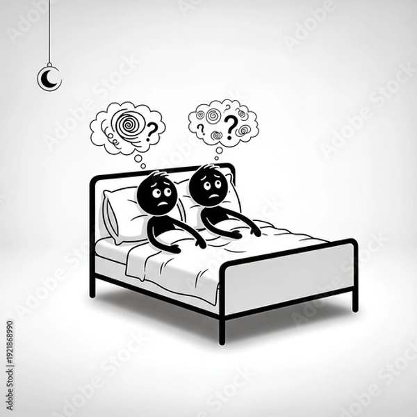 Obraz Couple Lying in Bed with Thought Bubbles.