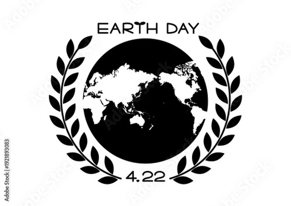 Obraz アースデー黒アイコン 葉の飾りと世界地図