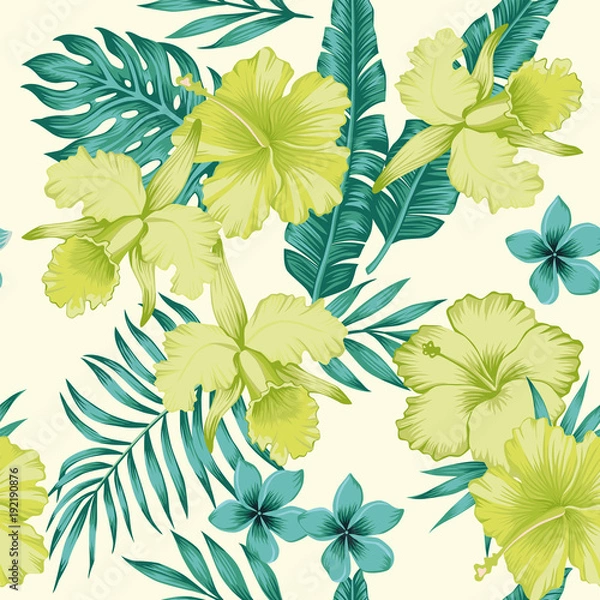 Fototapeta Hibiscus plumeria leaves blue lime color tropical seamless pattern