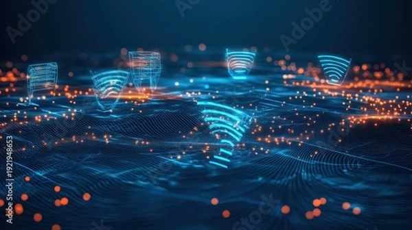 Obraz Futuristic 5G Network Infrastructure with Glowing Digital Waves and Data Points