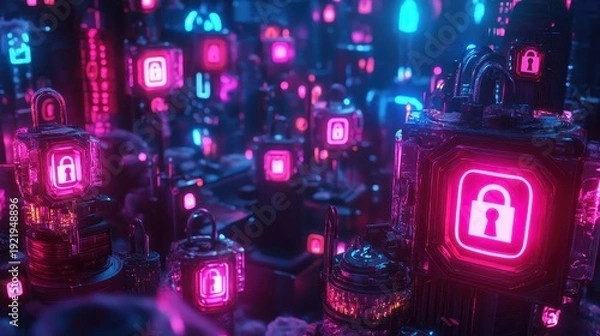 Obraz Glowing digital padlocks symbolizing secure data backups on encrypted servers in a neon-lit cloud storage setting