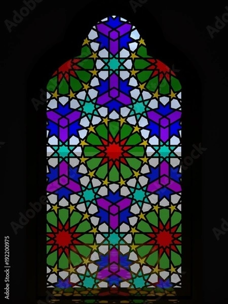 Fototapeta Islamic window, colored stained glass window of a mosque with a traditional pattern. A color shade from the stained glass. 3D rendering.