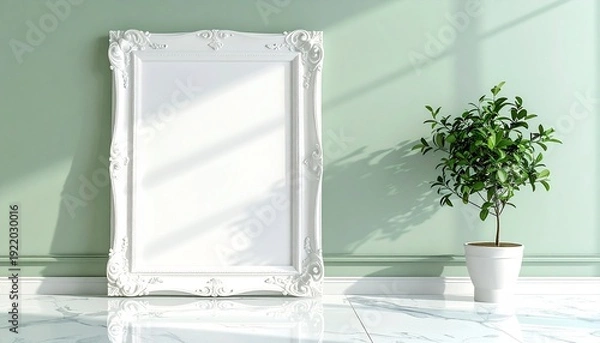 Obraz 柔らかな陽光が差し込むミントグリーンの壁と、空白の大きなフォトフレーム
