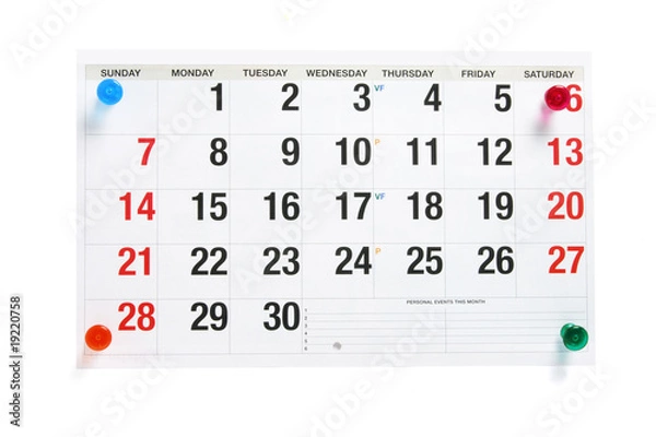 Fototapeta Calendar Page with Pushpins