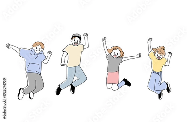 Obraz 元気にジャンプする子供たちのイラスト　友達と青春　手書きベクター素材