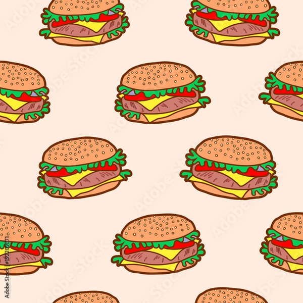 Fototapeta Vector seamless pattern with colorful bright tasty burgers. Fast food background.
