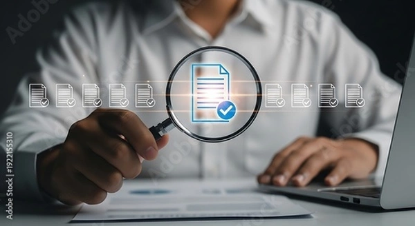 Obraz Auditor using magnifying glass to inspect digital documents
