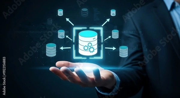 Obraz Businessman Holding Holographic Data Server and Database Network