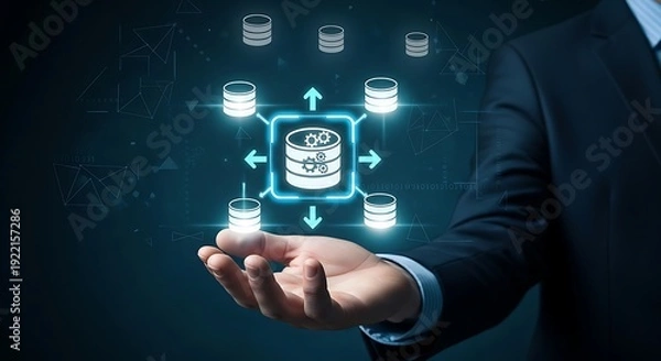 Obraz Businessman Holding Holographic Data Server and Database Network