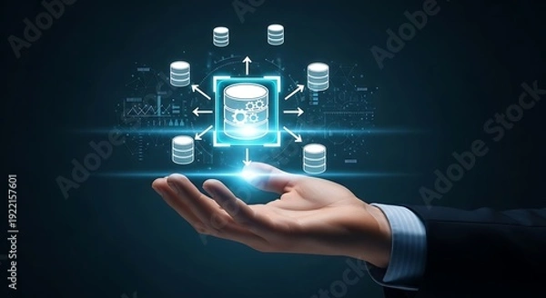 Obraz Businessman Holding Holographic Data Server and Database Network