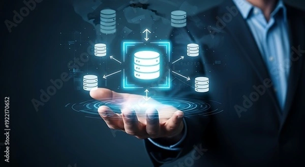 Obraz Businessman Holding Virtual Cloud Database and Big Data Network
