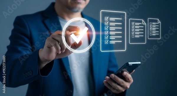 Obraz Businessman Selecting Completed Task on Virtual Checklist