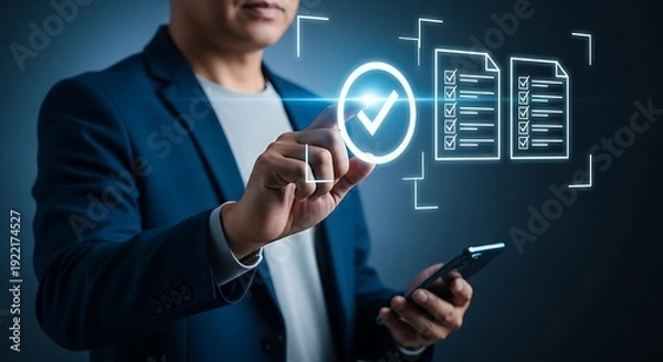 Obraz Businessman touching virtual tick for document verification