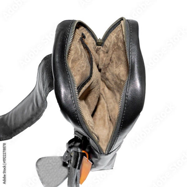 Obraz Open and empty leather bag isolated on white background