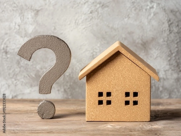 Obraz 住宅購入の悩みやマイホームの疑問をイメージしたクエスチョンマークと家の模型の素材