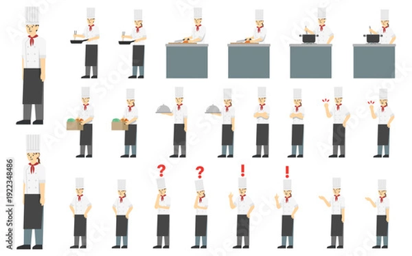 Obraz フラットイラスト：男女のシェフセット(表情あり)